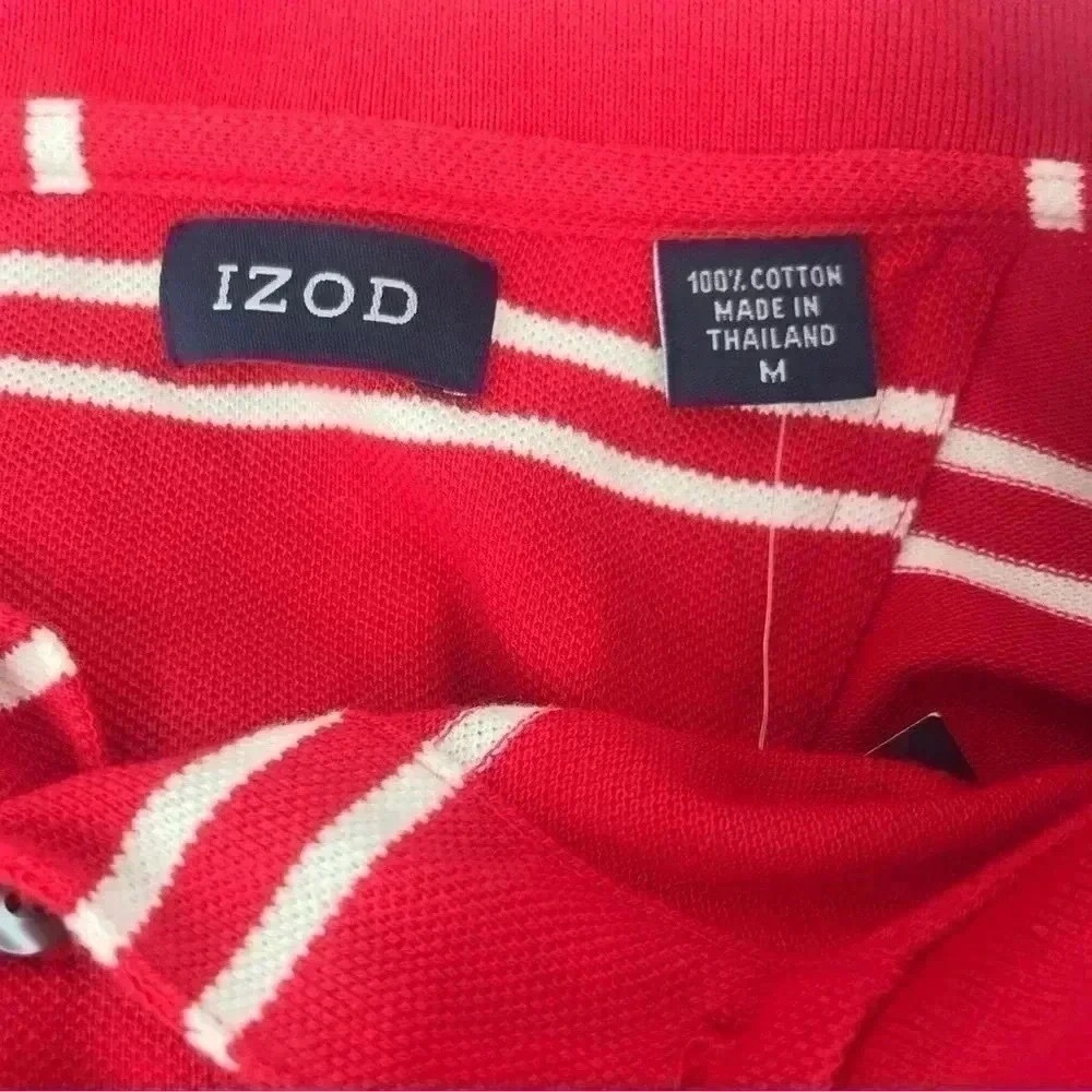 IZOD Men’s Medium Polo Shirt – Red Striped 100% Cotton Collared Top NWT - Picture 8 of 8